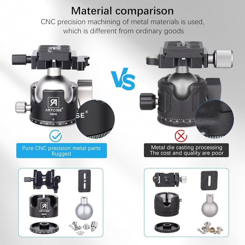 ARTCISE 46mm Low ProfileTripod Ball Head with Lever Release Heavy Duty Ball Head Camera Ball Head with Arca Swiss Quick Release Plate for Camera Tripod Monopod DSLR Camcorder Telescope Max Load 55lbs - Image 4